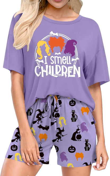 Ithalt Halloween Pajamas Women Pumpkin Short Sleeve Tops and Shorts Pjs Set Fall Sleepwear Spooky Pajamas