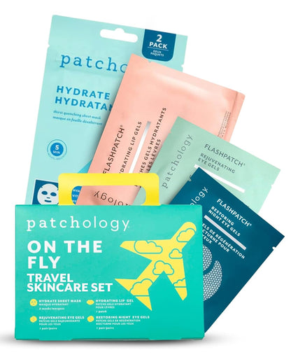 Patchology On The Fly Travel Facial Kit – Travel-Friendly Hydrating Skincare Essentials for Face, Eyes and Lips – Includes 2 Pair Under Eye Patches, 2 Hydrate Sheet Mask for Refreshed Skin,1 Lip Mask( box green and pink color)