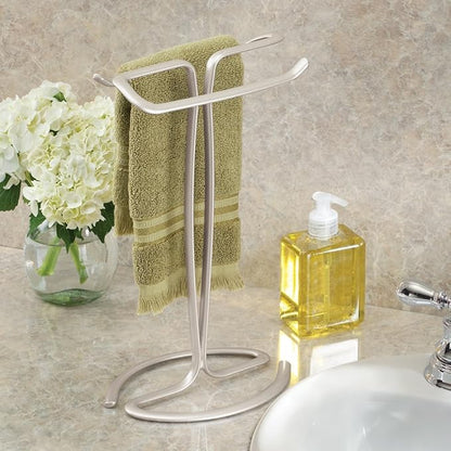 iDesign Axis Metal Hand Towel Holder for Master Bathroom, Vanities, Countertops, Kitchen, Holds 2 Finger Tip Towels, Satin