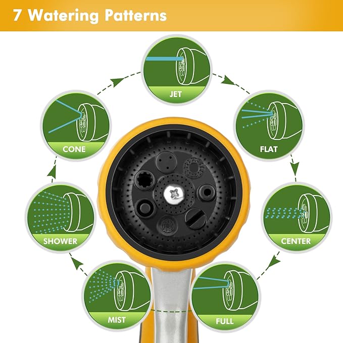 RESTMO Garden Hose Nozzle, Heavy Duty Metal Water Hose Nozzle with 7 Adjustable Spray Patterns, High Pressure Hand Sprayer with Flow Control, Best for Watering Plant  Lawn, Washing Car  Pet, Yellow