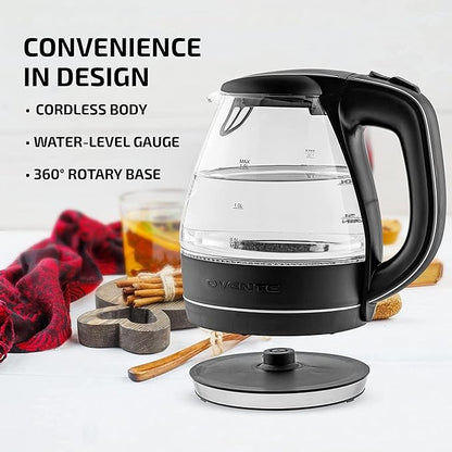 OVENTE Glass Electric Kettle Water Boiler 1.5 Liter Borosilicate Glass Fast Boiling Countertop Heater - BPA Free Auto Shut Off Instant Water Heater Kettle for Coffee  Tea Maker - Black KG83B