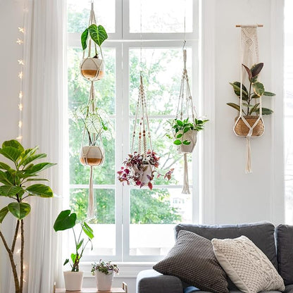 Mkono Macrame Plant Hangers, 5 Pack Different Tiers Indoor Hanging Planters Basket with 5 Hooks Decorative Flower Pots Holder Stand Boho Home Decor, Ivory