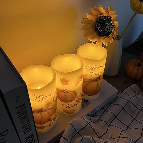 Lordearon Fall Pumpkin Flameless Candles Real Wax LED Battery Operated Pillar Candles with Timer, Thanksgiving Decor Set of 3,Warm Light