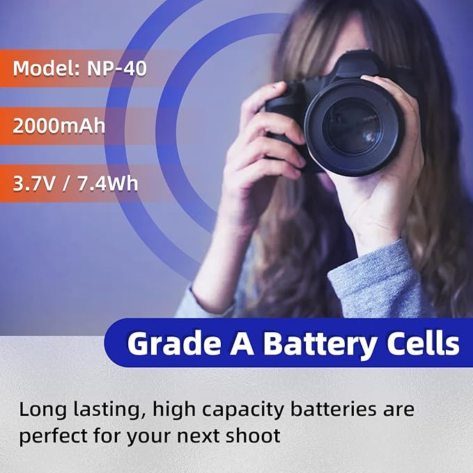 2Pcs NP-40 Battery,2000mAh for Casio Exilim EX-Z1050 EX-Z750, Kodak LB-060 AZ521 AZ361 AZ501 AZ522 AZ362 AZ526, HP D3500 SKL-60 V5060H V5061U SUN06 YCO6 Full HD Portable Camera