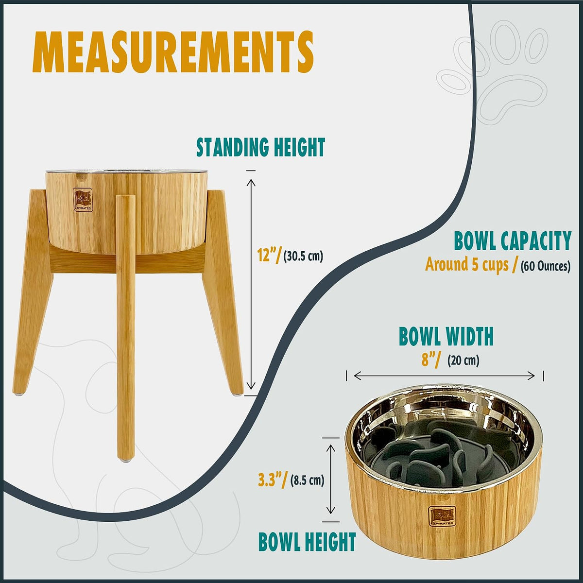 Elevated Dog Bowl with Slow Feeder Insert - (12-inch High) Ideal for Large Dogs - Suitable for Wet or Dry Dog Foods, Stainless Steel and Bamboo