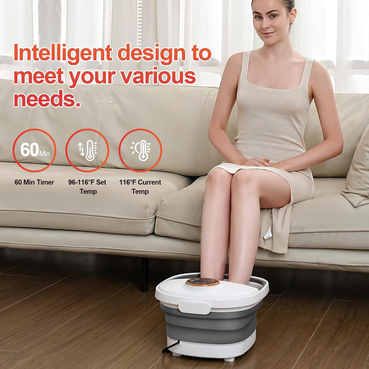 GEHONA Collapsible Foot Spa Bath with Heat,Foot Massager with Two Side Supports,Leakage Protector,Temperature Control,Bubbles,Red Light,Timer, Feet Spa Tub,Feet Soaker,Gifts (Beige)