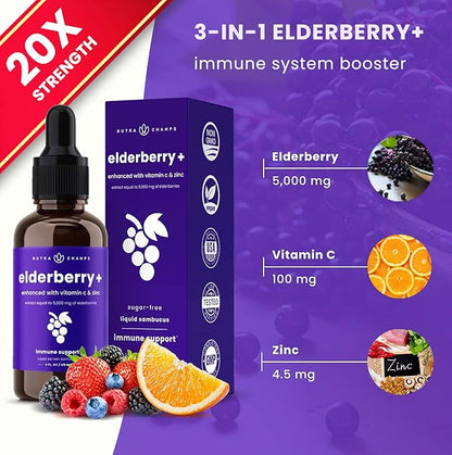 NutraChamps Organic Elderberry Syrup - 5000mg Elderberry Extract with Vitamin C  Zinc - Black Elderberry Liquid Drops - Sugar-Free Immunity Booster, Vegan, Gluten-Free Elderberry Supplement
