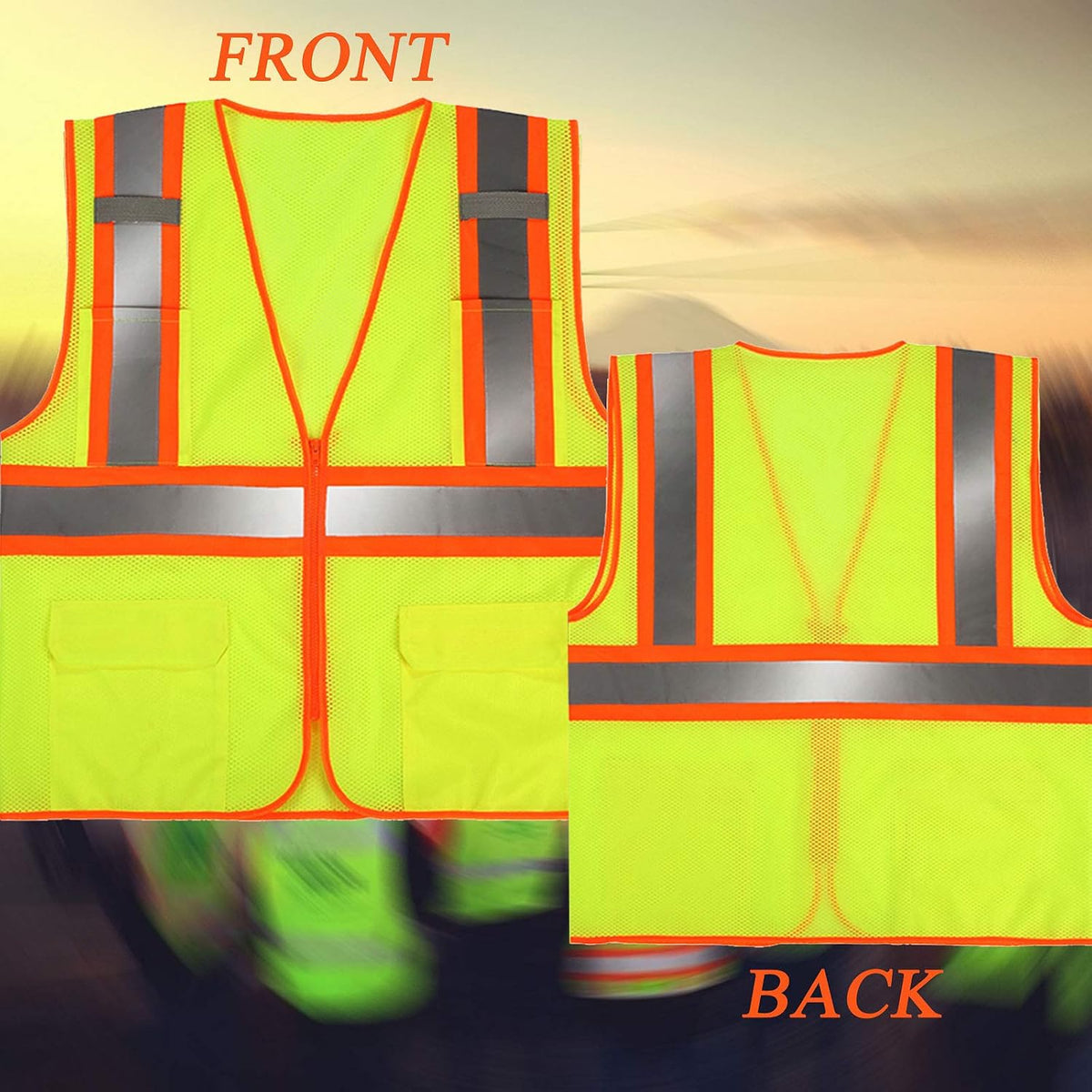 High Visibility Reflective Safety Vest with Zipper and Pockets Yellow,XXL
