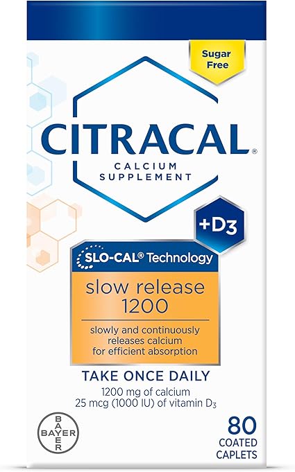 Citracal Slow Release 1200, 1200 mg Calcium Citrate with Vitamin D (1000 IU), Vitamin D3, Bone Health Support, Calcium Supplement for Ages 12, 80 Count