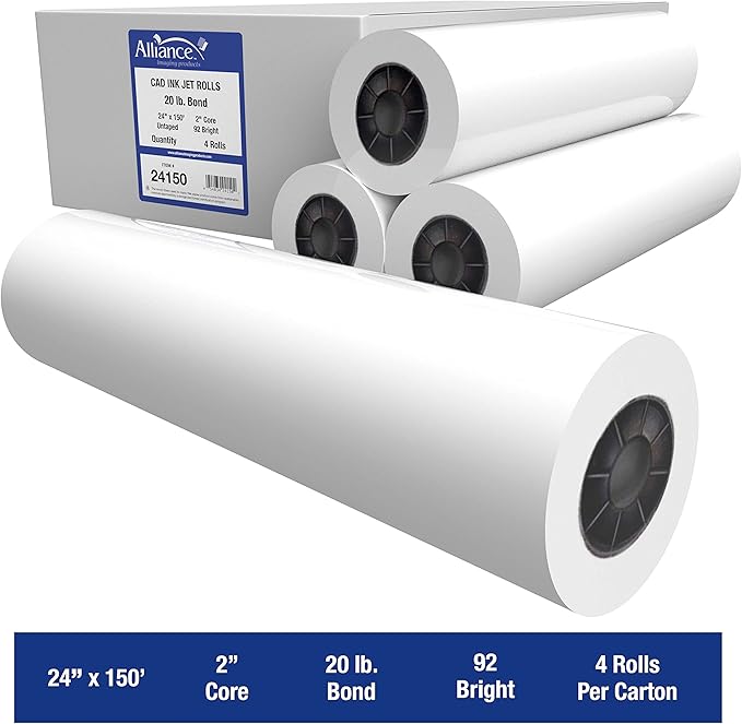 Alliance Wide Format Paper 24" x 150' CAD Bond Rolls (20lb  4 Rolls, 24 In x 150 Ft  2" Core)
