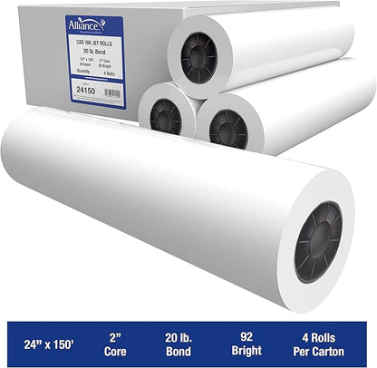 Alliance Wide Format Paper 24" x 150' CAD Bond Rolls (20lb  4 Rolls, 24 In x 150 Ft  2" Core)