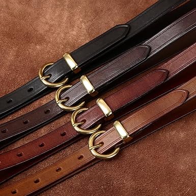 Skinny Women Vintage Distressed Leather Belts 0.7" Thin Waist Strap With Half-Circle Gold Buckle For Jeans Pants