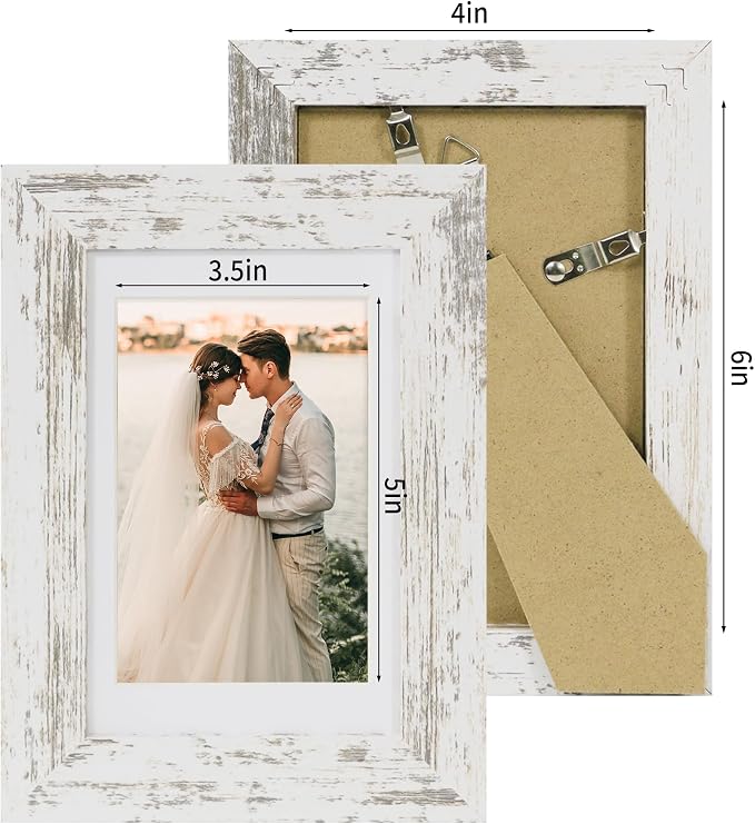 4x6 Picture Frame Set of 2 with HD Glass, Distressed White Wood Photo Frames Display 3.5x5 Picture with Mat or 4 x 6 Without Mat for Horizontal or Vertical Tabletop and Wall Mounting