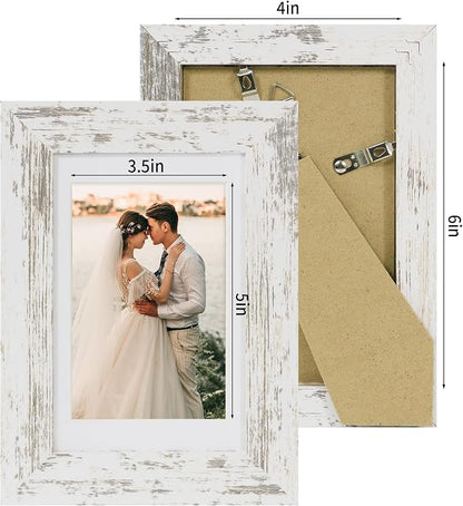 4x6 Picture Frame Set of 2 with HD Glass, Distressed White Wood Photo Frames Display 3.5x5 Picture with Mat or 4 x 6 Without Mat for Horizontal or Vertical Tabletop and Wall Mounting