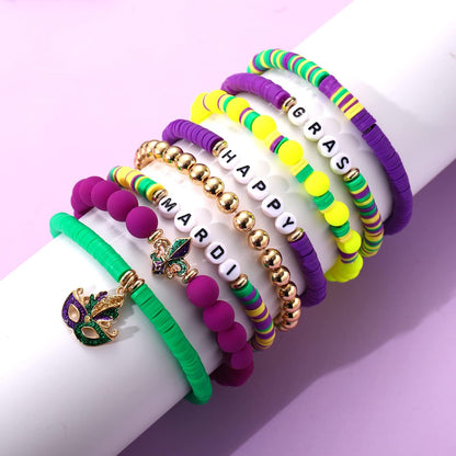 Holiday Beaded Heishi Bracelets Set for Women Valentine Day Mardi Gras Bracelets Jewelry Set for Party Carnival Parade( 7 PC )