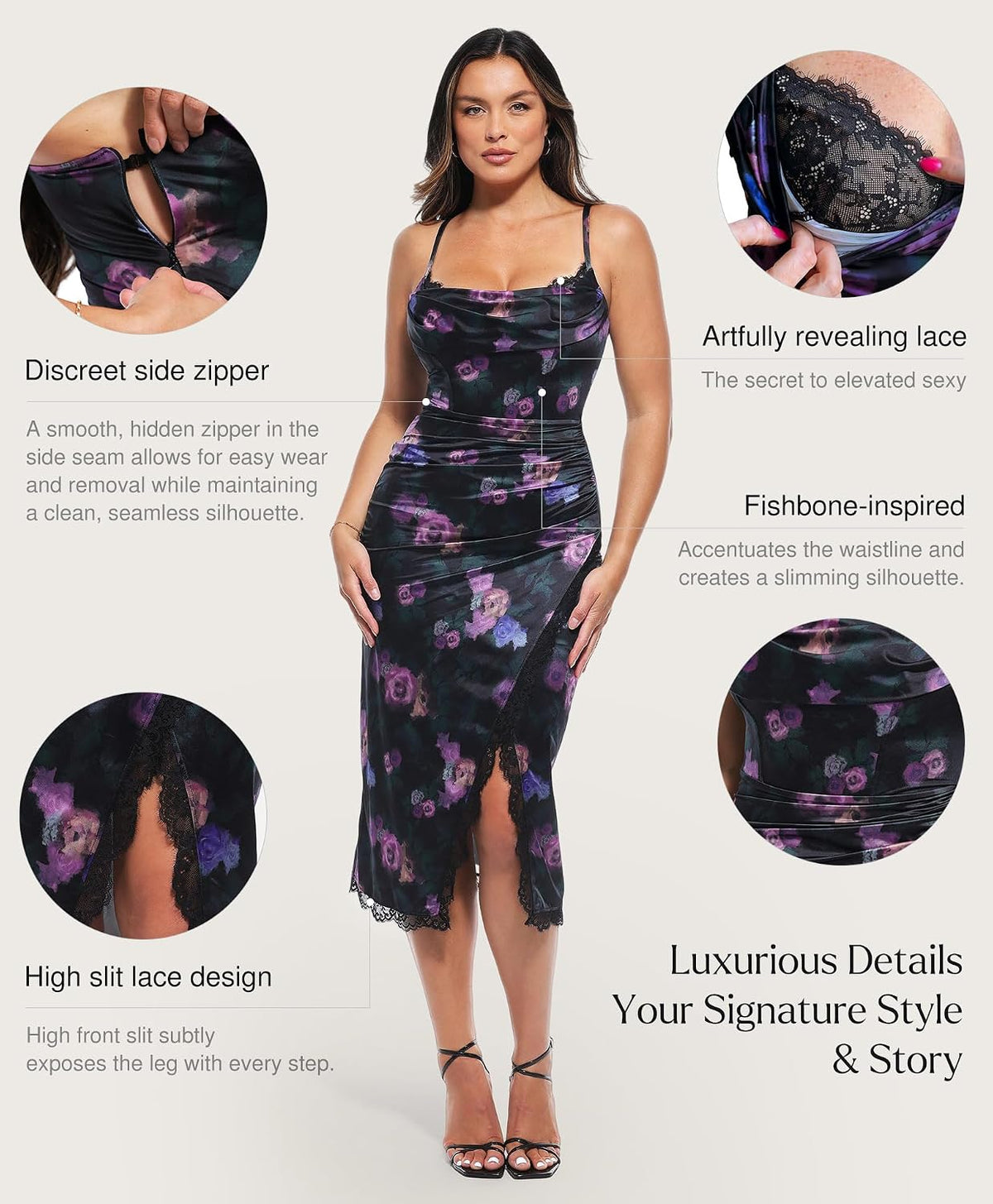 Popilush Shapewear Corset Dress Women's Satin Ruched Midi Dress Cocktail Date Night Classy Dresses with Lace Trim Bra
