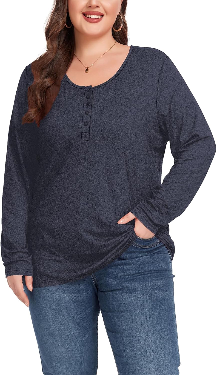Halife Women's Plus Size Top Henley Neck Shirt Long Sleeve Button Front Round Neck Tee Basic Ladies Loose Fit T Shirt