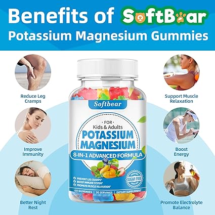softbear Potassium Gummies for Adults, High Absorption Potassium Magnesium Supplement with Vitamin B6 CoQ10 for Leg Cramps  Muscle Health Sugar-Free Vegan Mixed Fruit Flavor 60 Gummies