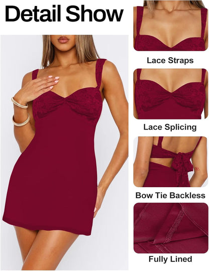 Women's Summer Mini Dresses Sleeveless Sexy Square Neck Lace Splicing Cocktail Party Straps Bodycon Dress .
