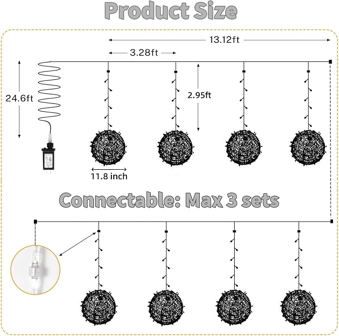 SenLuKit Outdoor Christmas Balls 4 Pack Hanging 11" LED Garden Sphere Tree Lights 8 Modes Waterproof String with Memory Timer Plug for Party Yard Porch Eave Patio Home Decoration-Warm White