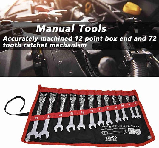 12Pcs Ratcheting Wrench Set, 8?19mm Ratchet Combination Wrenches Set,Metric Combination Chrome Steel 8?19mm with Storage Bag (movable head)
