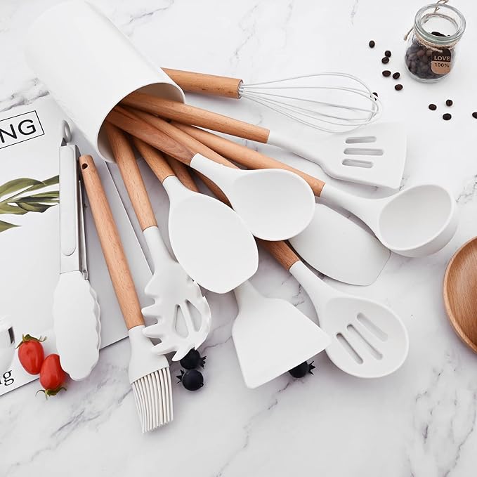 1pc White Silicone Pasta Server with Wooden Handle, Heat Resistant Cooking Utensils for Pasta Noodle Spaghetti Strainer