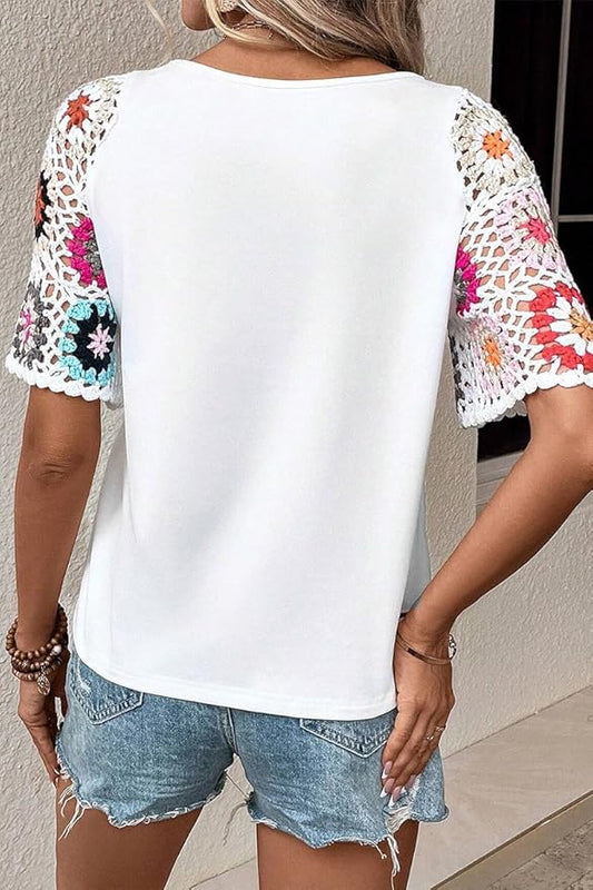Melliflo Womens Shirts Floral Crochet Short Sleeve Crewneck Shirt Casual Pullover Blouse Summer Tops
