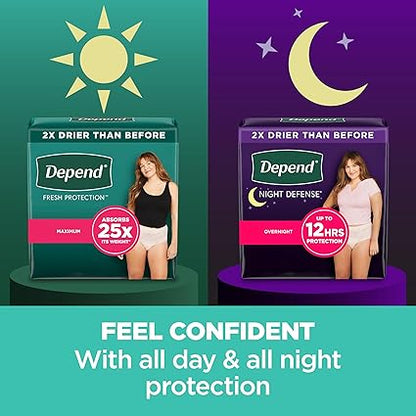 Depend Night Defense Adult Incontinence  Postpartum Bladder Leak Underwear for Women, Disposable, Overnight, Extra-Large, Blush, 12 Count, Packaging May Vary