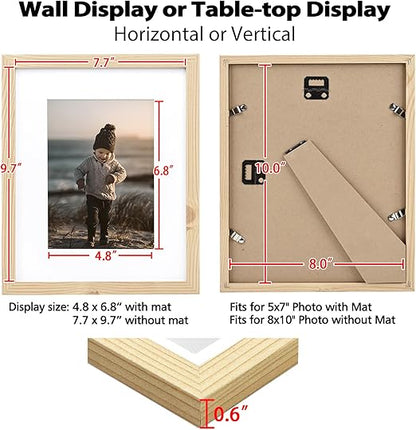 KINLINK 8x10 Picture Frames, Wood Grain Photo Frames with Plexiglass for Picture 5x7 with Mat or 8x10 without Mat, Composite Wood Picture Frames for Table Top and Wall Mounting