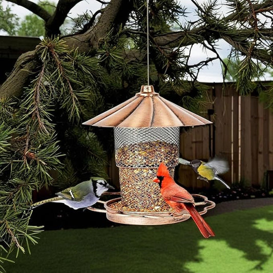 Hanging Bird Feeder with Copper Finish Roof, 15.3 inch Height, Mesh Design, Decorative Flower Base