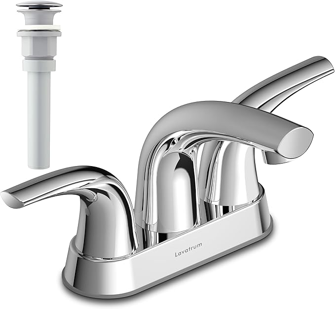 Bathroom Sink Faucet, Solid Brass 4 Inch Centerset Bathroom Faucet for Sink 3 Holes with Pop-up Drain  cUPC Lead-Free Hose, 2 Handles Modern Vanity Bath RV Faucet(Polished Chrome)