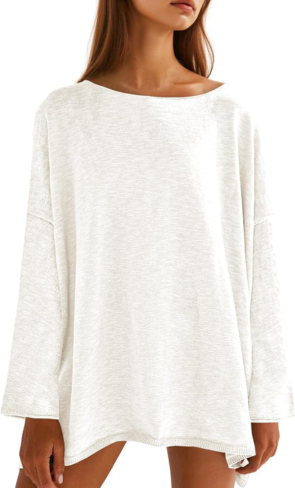 Tankaneo Womens Long Sleeve Shirts Oversized Lightweight Sweaters Crewneck Side Slit Hem Casual Blouse Tunic Tops