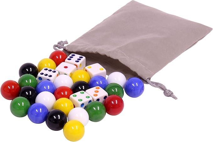 AmishToyBox.com Game Bag of 24 Large Glass Marbles (18mm Diameter) and 6 Dice for Aggravation Game