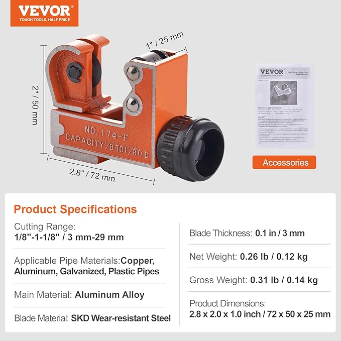 VEVOR Mini Copper Tubing Cutter, Mini Tubing Cutter for 18 to 1-18 Inch Copper Tubing, Heavy Duty Portable Tube Cutter with High-Speed SKD Blade for Aluminum, Plastic, Galvanized Pipes