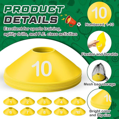 10 Pcs Numbered Sports Disc Cones 1-10 Soccer Cones with Mesh Carry Bag Flexible Agility Cones Soft Field Cones for Gym PE Classes School Activities Games, Sports Training Equipment