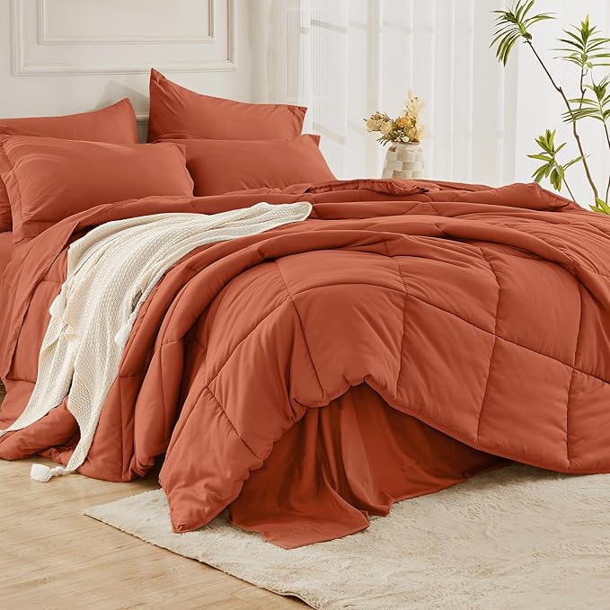 JOLLYVOGUE Queen Comforter Set, Ultra-Soft Queen Size Comforter Sets, 7-Piece Bed in a Bag, Goose Down Alternative, Oeko-TEX Certified, Sheets  Pillowcases, Burnt Orange
