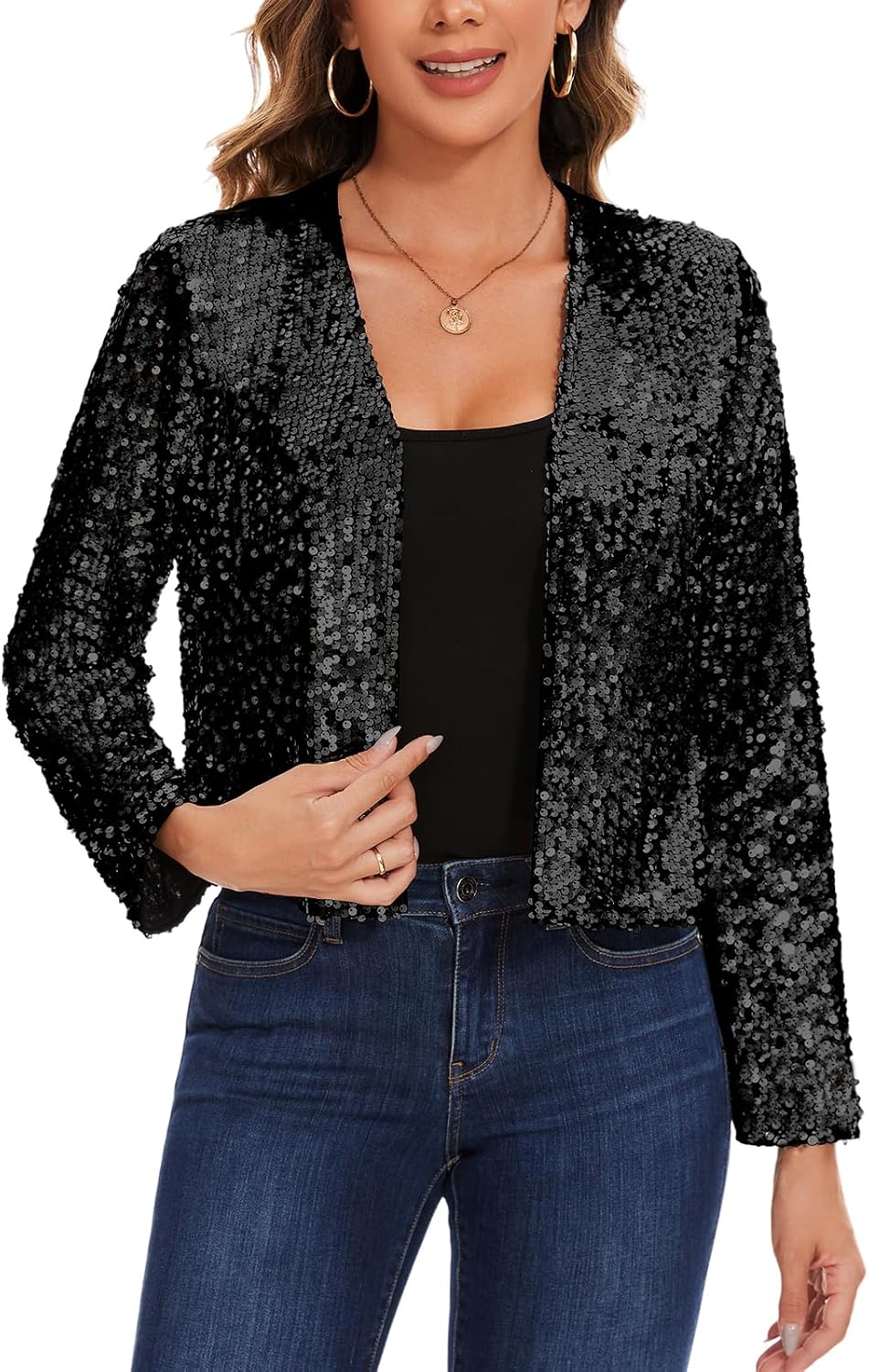 MINTLIMIT Sequin Shrug for Women Shiny Sparkle Long Sleeve Open Front Cropped Cardigans Party Glitter Bolero Jacket,XL,Black