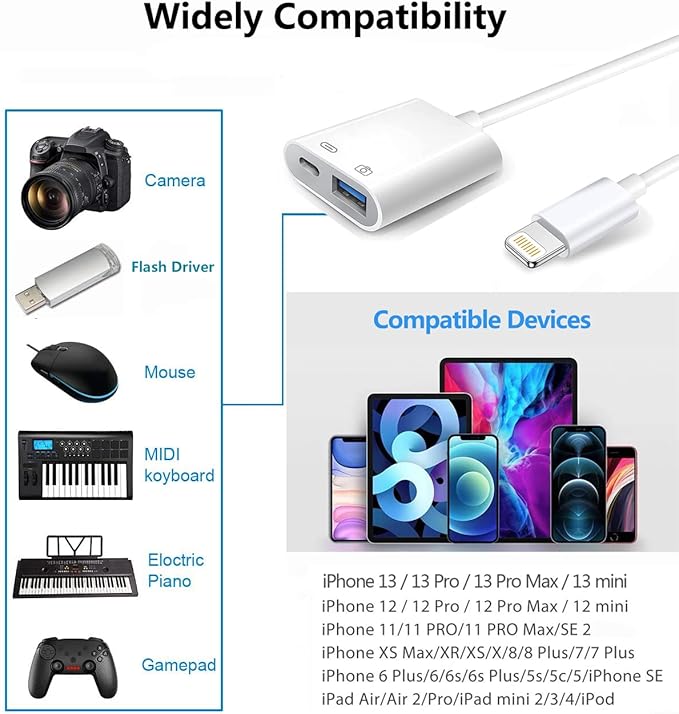 Apple Lightning to USB Camera Adapter with Charging Port, USB 3.0 OTG Cable for iPhoneiPad to Connect Card Reader, USB Flash Drive, U Disk, Keyboard, Mouse, Hubs, MIDI, Plug  Play