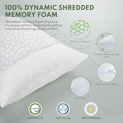 Cooling Pillows Queen Size Set of 2 - Shredded Memory Foam Pillow for Sleeping 2 Pack, Adjustable Cool Bed Pillows for Side, Back, and Stomach Sleepers, Gel Pillow Washable Removable Cover