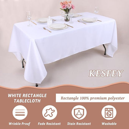 Kesfey 60 x102 inch White Rectangle Table Cloths 2 Packs Polyester Tablecloths High Density Washable Fabric Table Cover for 6 Foot Tables Wrinkle Resistant Tablecloth for Wedding Buffet Banquet Party