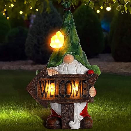 Garden Gnome Statue, Sculpture Funny Resin Gnome Garden Figurines and Solar Garden Statue for Garden Decorations,Patio Yard Lawn Ornaments Gift 12.3inch Tall
