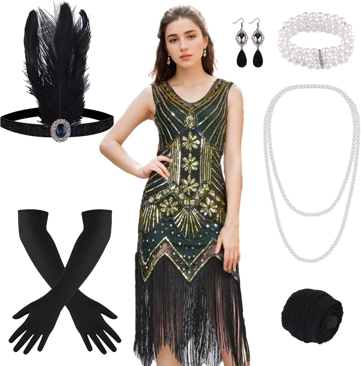 FEPITO 1920s Flapper Dresses for Women, Fringed Sequin | Great Gatsby Dress with 20s Accessories, Roaring 20s Costume