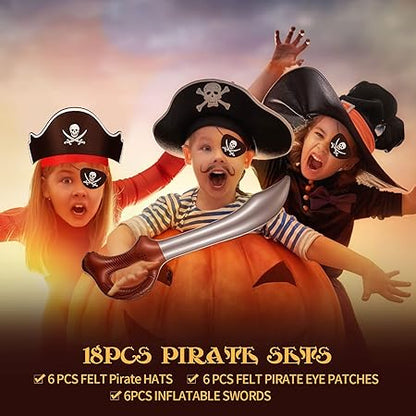 Charniol Pirate Party Set Felt Pirate Hats Pirate Eye Patches Inflatable Swords Carnival Pirate Theme Party Supplies(18 Pcs)
