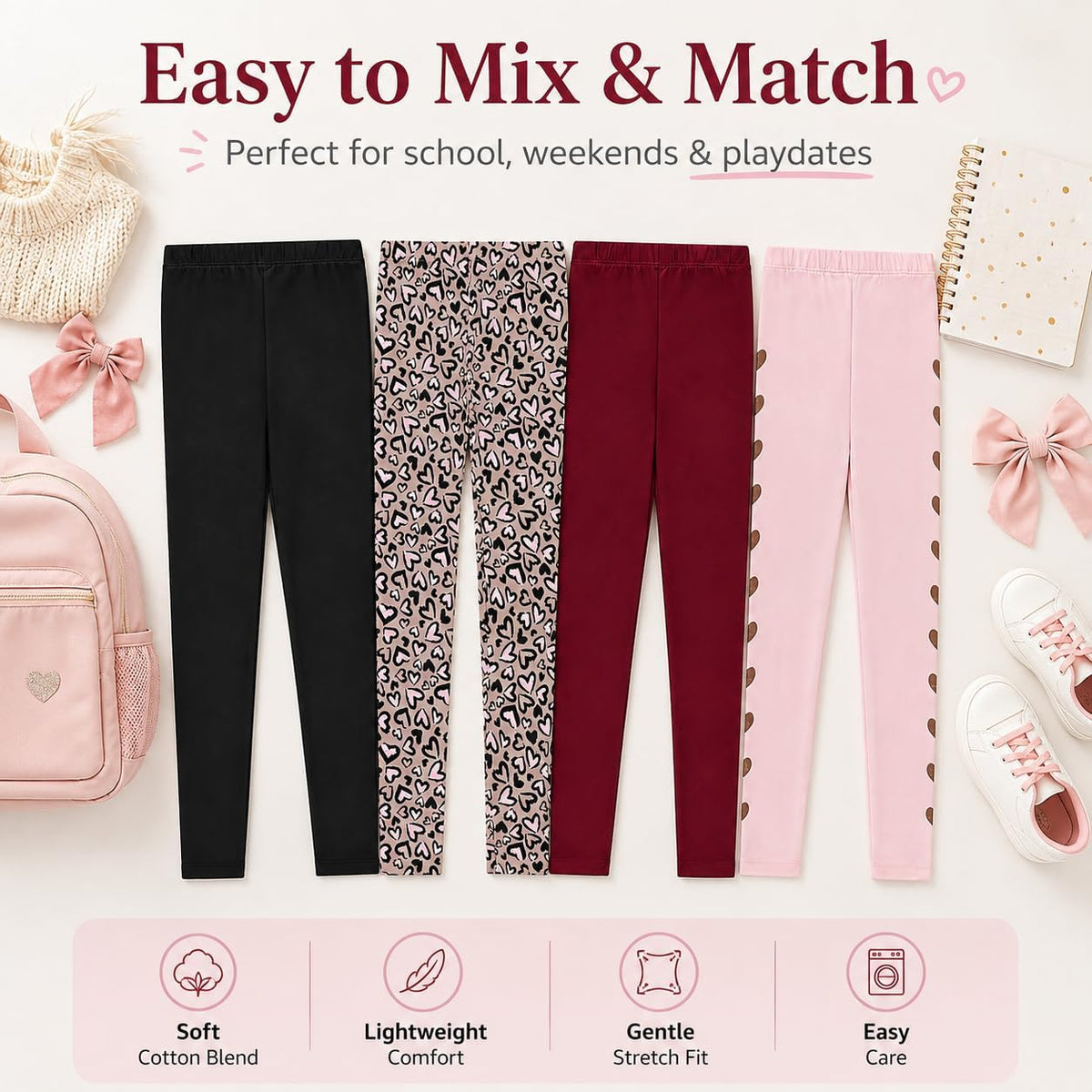 Kids Girls Fall Fashion Stretch Leggings Comfortable Bottoms Set 4 Pack Bundle