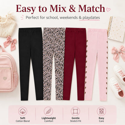 Kids Girls Fall Fashion Stretch Leggings Comfortable Bottoms Set 4 Pack Bundle