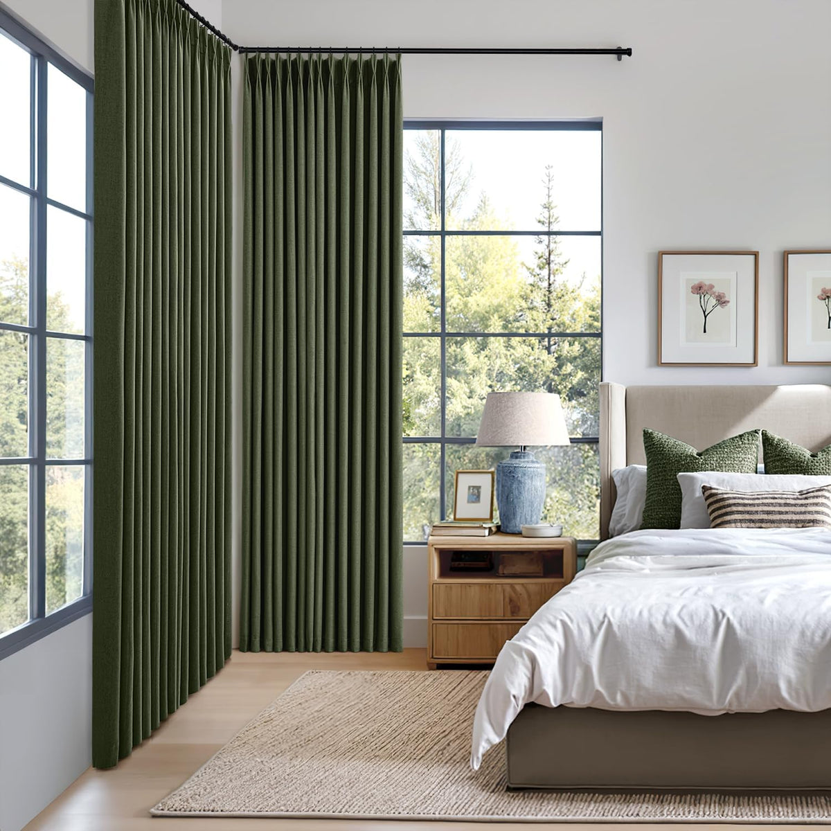 MIULEE Olive Green Pinch Pleated 100% Blackout Linen Curtains 40x108 Inches Room Darkening, Memory Trained, Light Blocking, Black Out Pleat Drapes, Window Curtains for Bedroom Living Room, 2 Panels