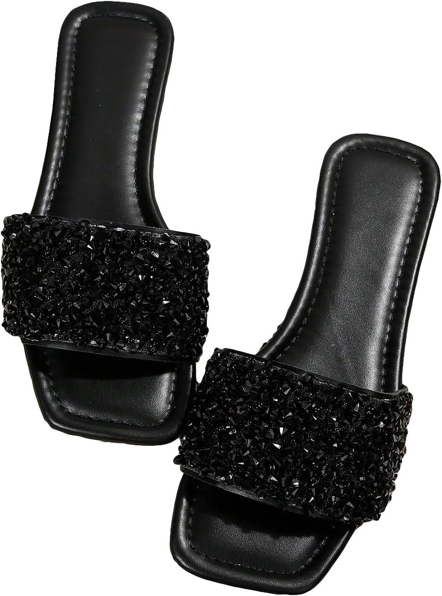 GORGLITTER Women's Sparkly Jeweled Flat Sandals Dressy Open Toe Glitter Shiny Slippers Slip-on Shoes