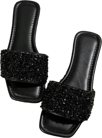 GORGLITTER Women's Sparkly Jeweled Flat Sandals Dressy Open Toe Glitter Shiny Slippers Slip-on Shoes