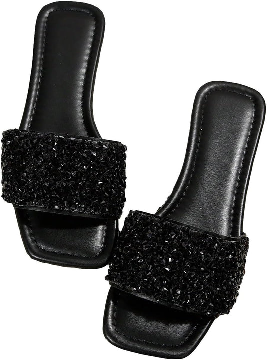 GORGLITTER Women's Sparkly Jeweled Flat Sandals Dressy Open Toe Glitter Shiny Slippers Slip-on Shoes