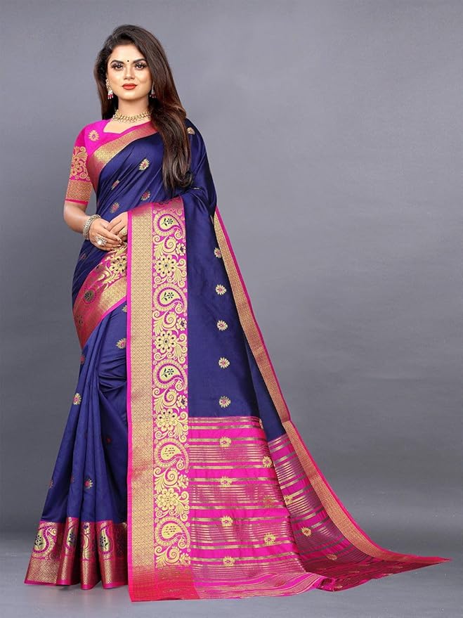 Ethnic Motifs Zari Jute Silk Banarasi Saree - 214351, Navy Blue, One Size, Navy Blue, One Size